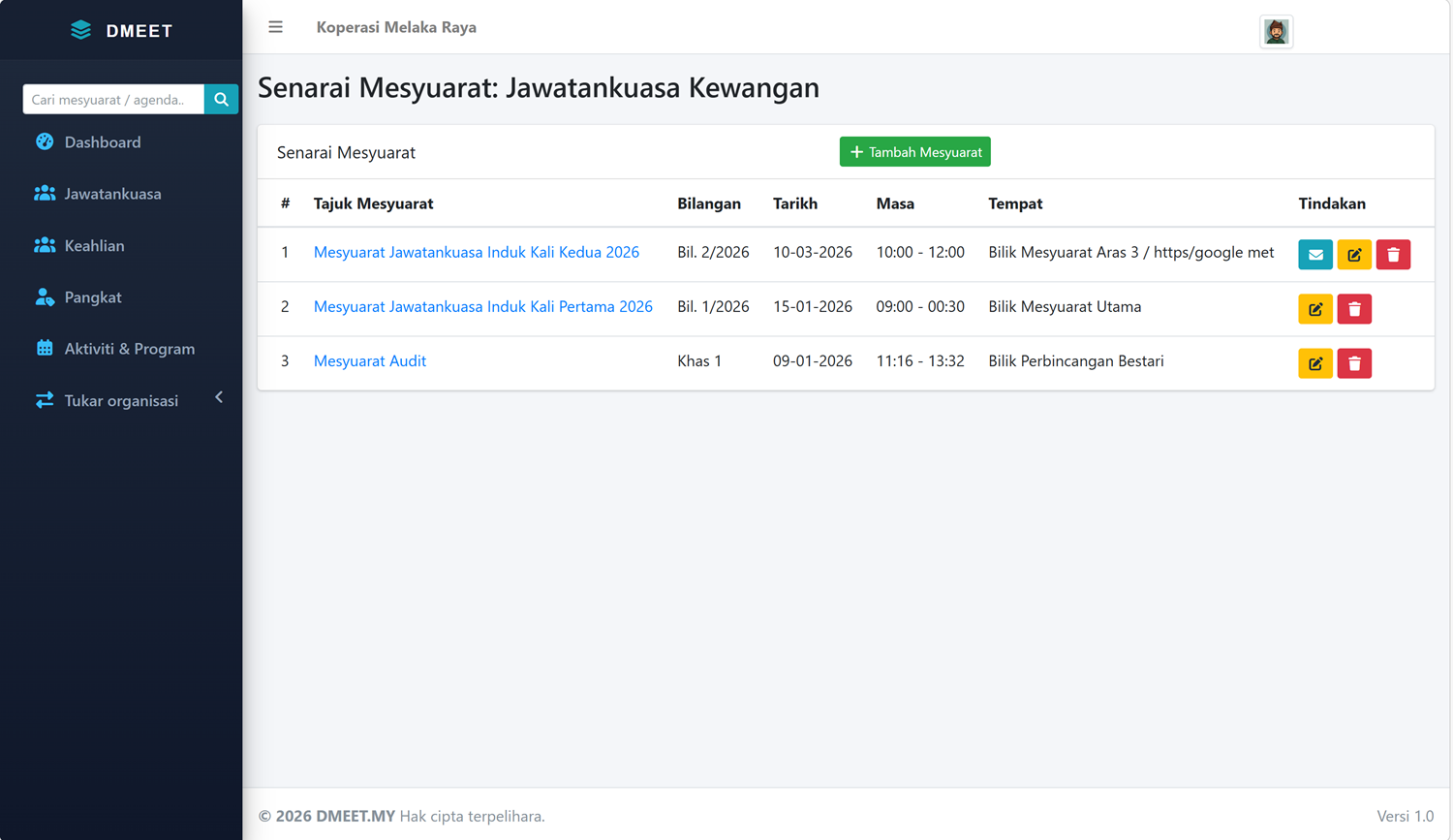Screenshot Senarai Mesyuarat